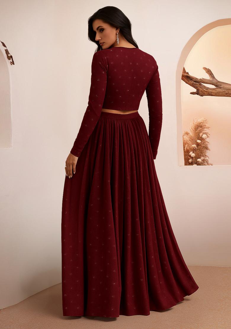Maroon Embroidered Georgette Lehenga Set - Indya