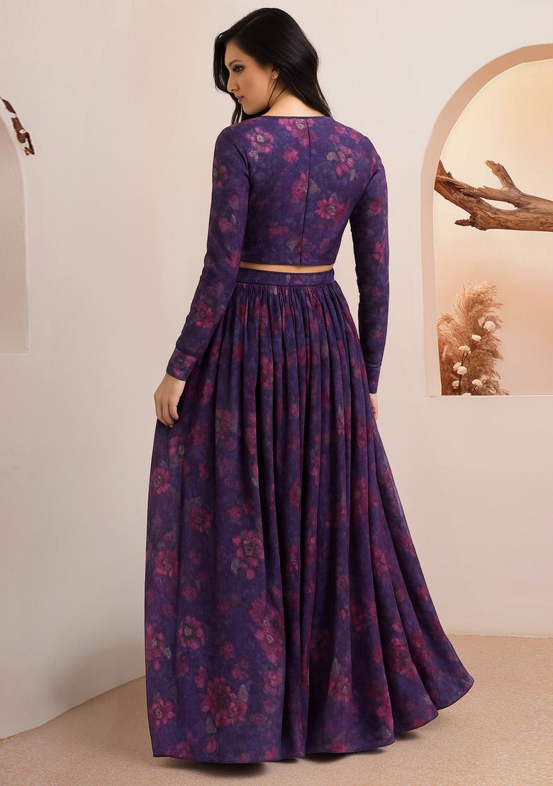 Purple Embroidered Organza Lehenga Set - Indya
