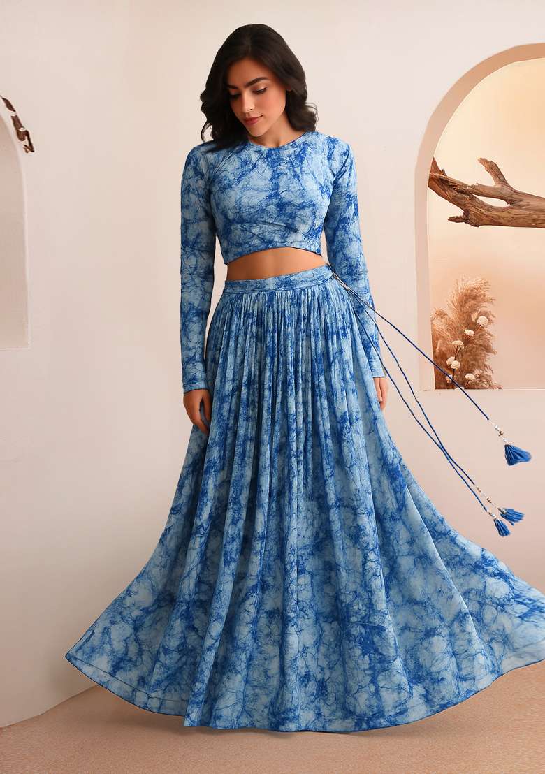 Blue Embroidered Satin Lehenga Set for Diwali and Festive Wear - Indya