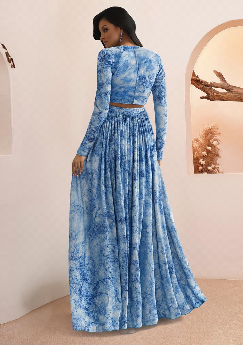 Blue Embroidered Satin Lehenga Set - Indya