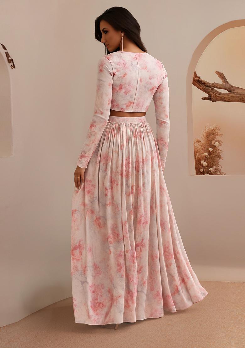 Pink Printed Organza Lehenga Set - Indya