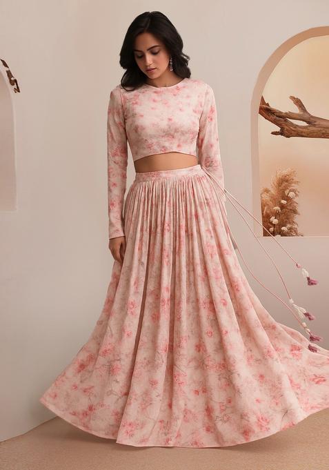 Pink Printed Organza Lehenga Set