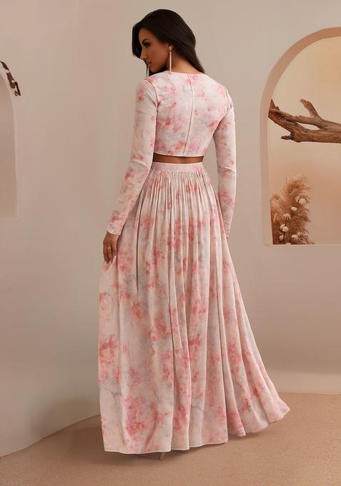 Pink Printed Organza Lehenga Set