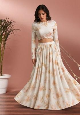 Off White Printed Silk Lehenga Set