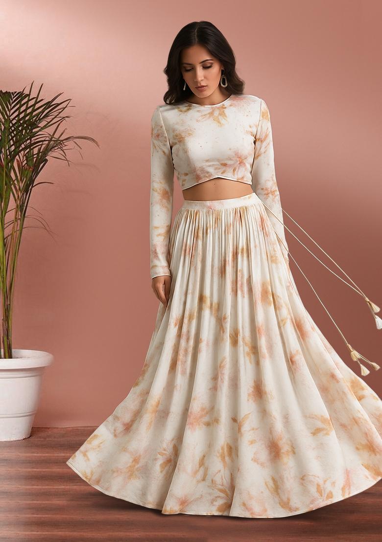 Off White Printed Silk Lehenga Set