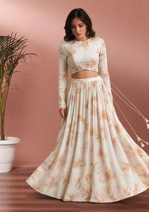 Off White Printed Silk Lehenga Set