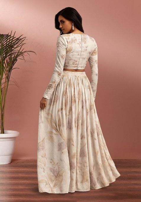 Off White Printed Silk Lehenga Set