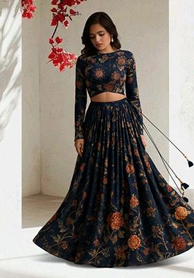 Blue Printed Silk Lehenga Set
