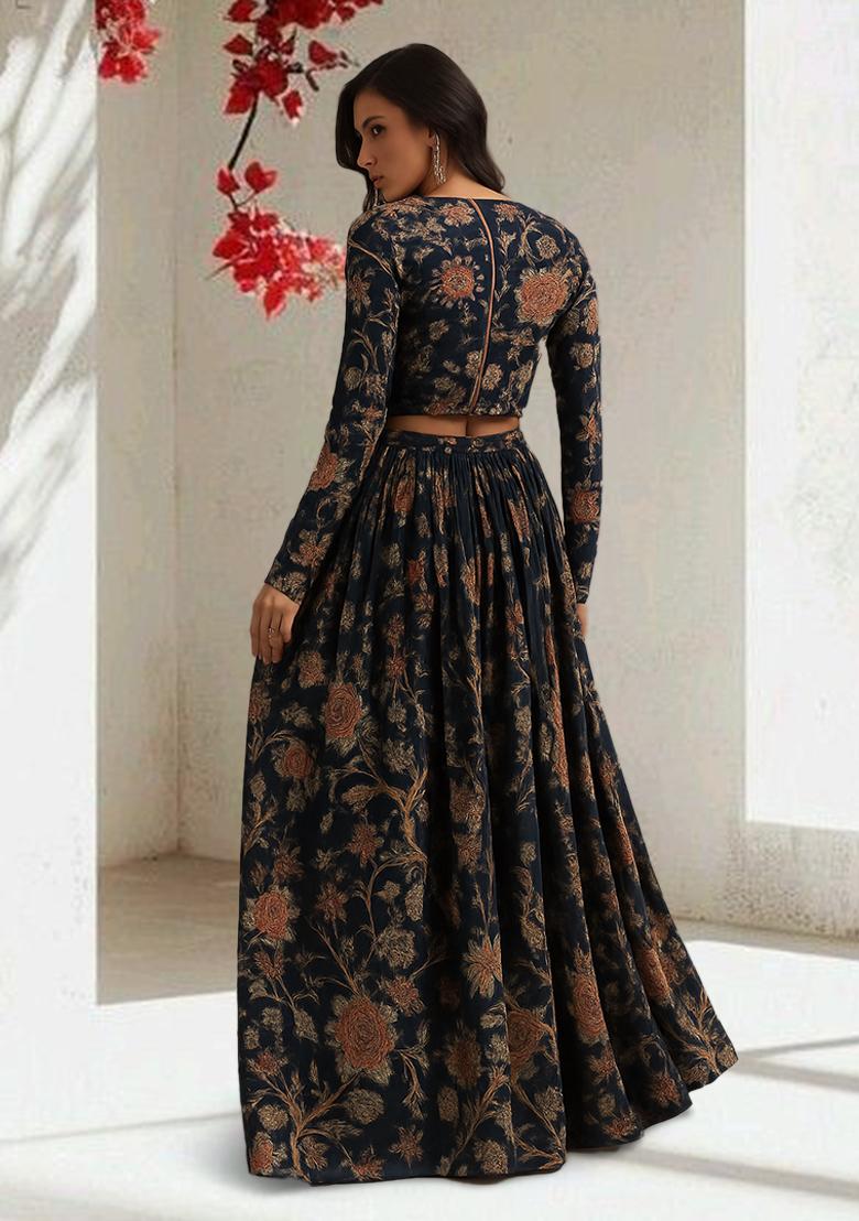 Blue Printed Silk Lehenga Set - Indya