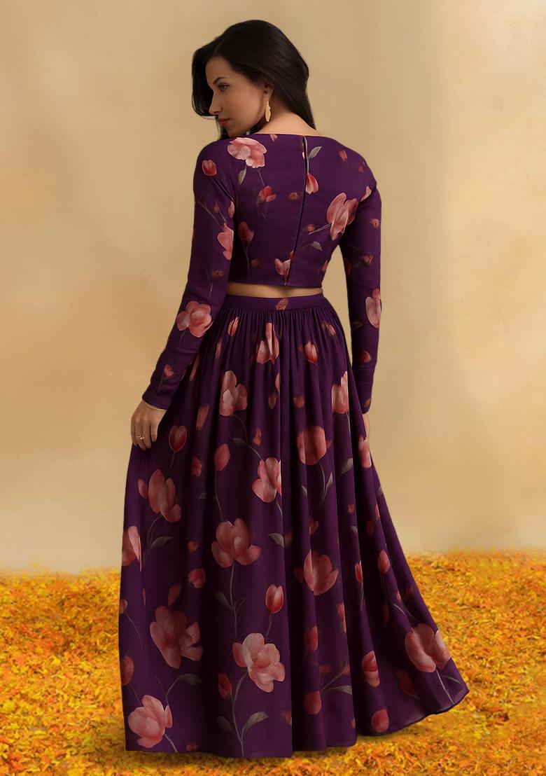 Purple Printed Silk Lehenga Set - Indya