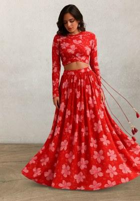 Orange Printed Silk Lehenga Set