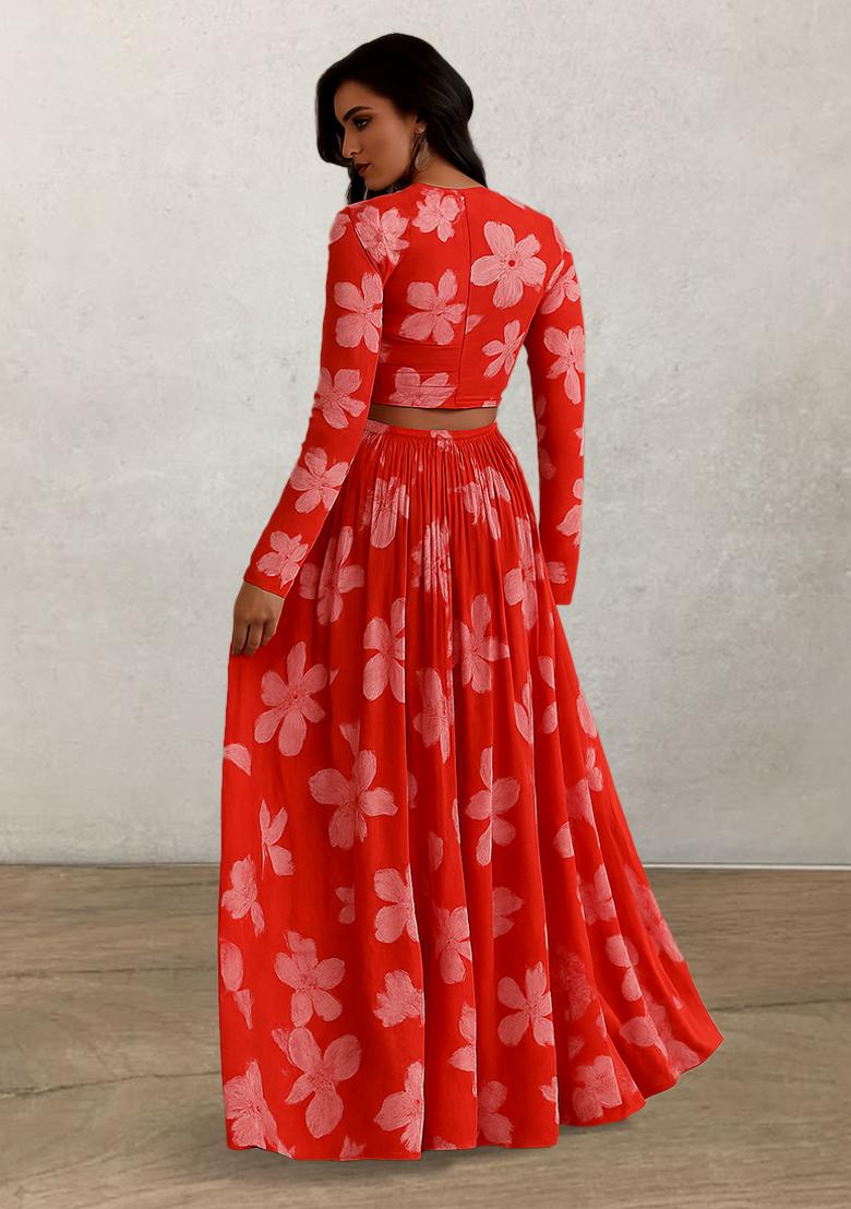 Orange Printed Silk Lehenga Set - Indya