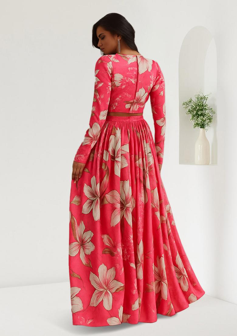 Pink Printed Silk Lehenga Set - Indya