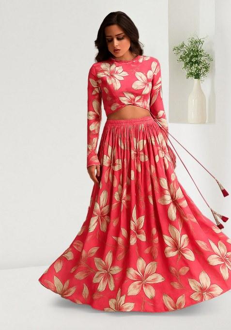 Pink Printed Silk Lehenga Set