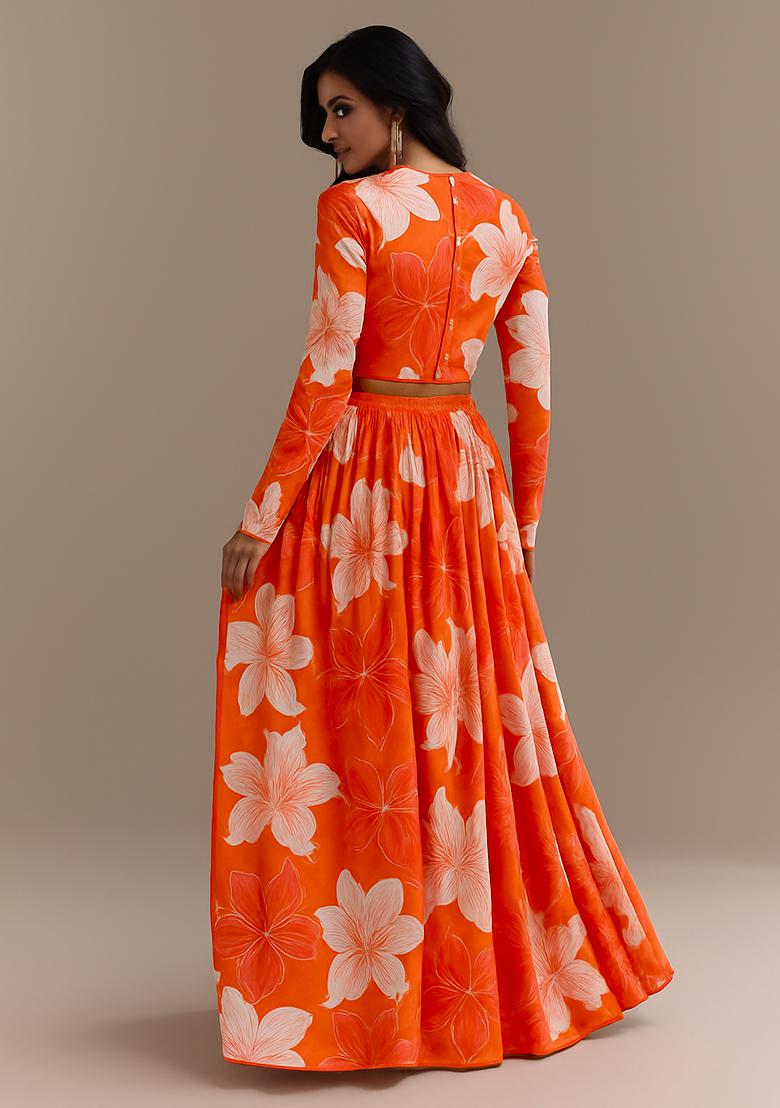 Orange Printed Silk Lehenga Set - Indya