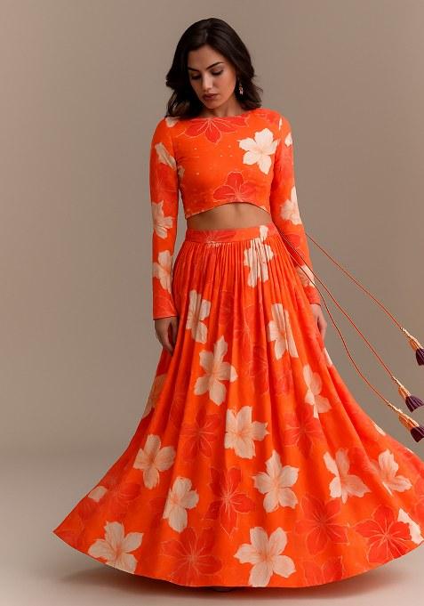 Orange Printed Silk Lehenga Set