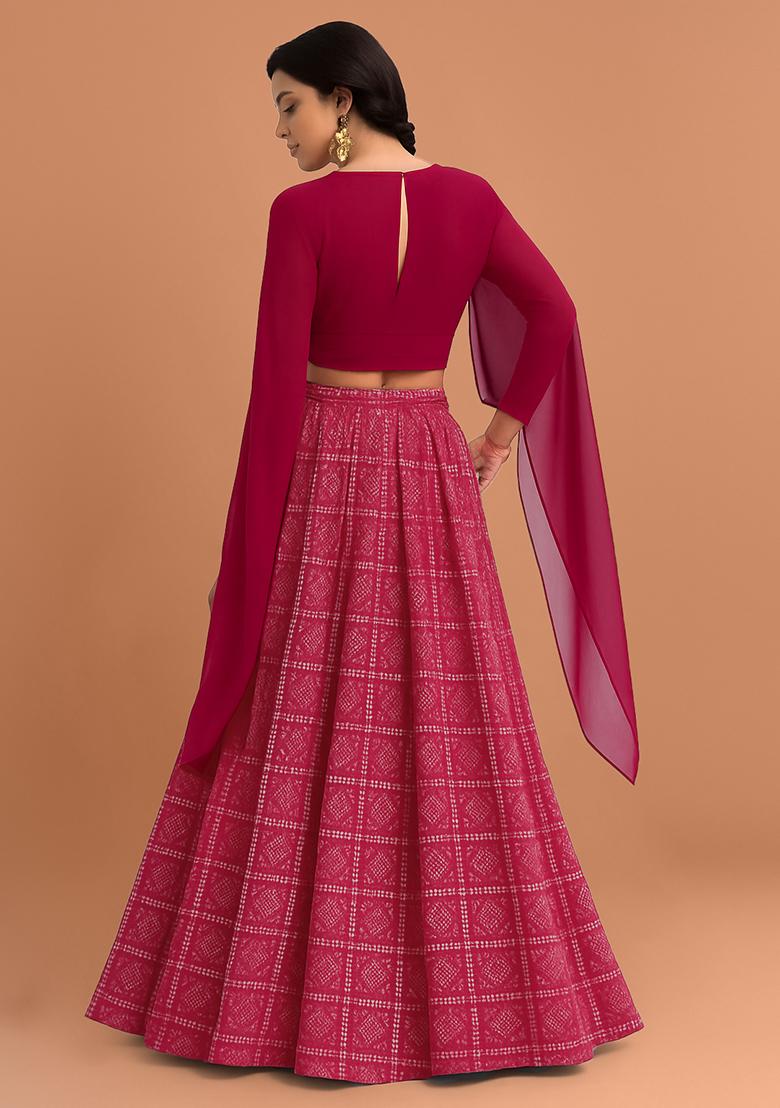 Pink Printed Chinon Lehenga Set - Indya