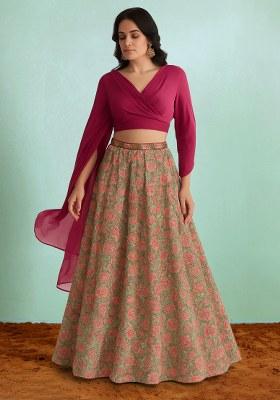 Green Printed Tusser Silk Lehenga Set