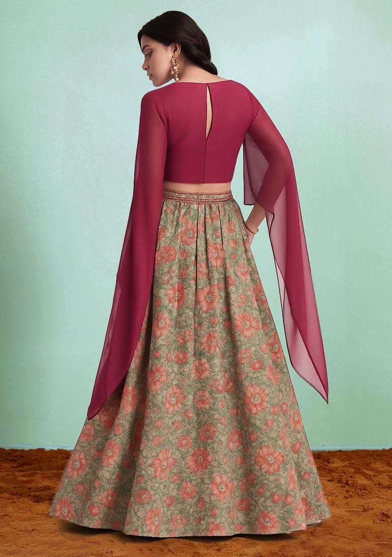 Green Printed Tusser Silk Lehenga Set - Indya