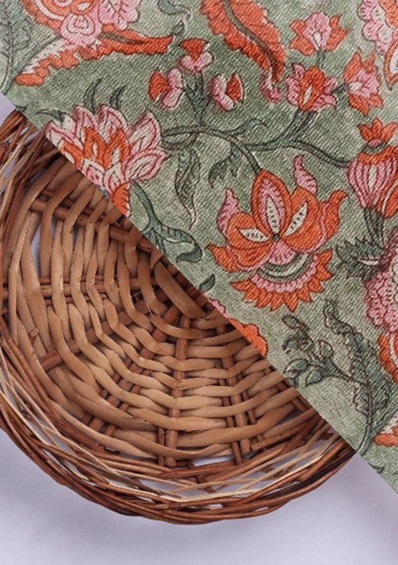 Green Printed Tusser Silk Lehenga Set - Indya