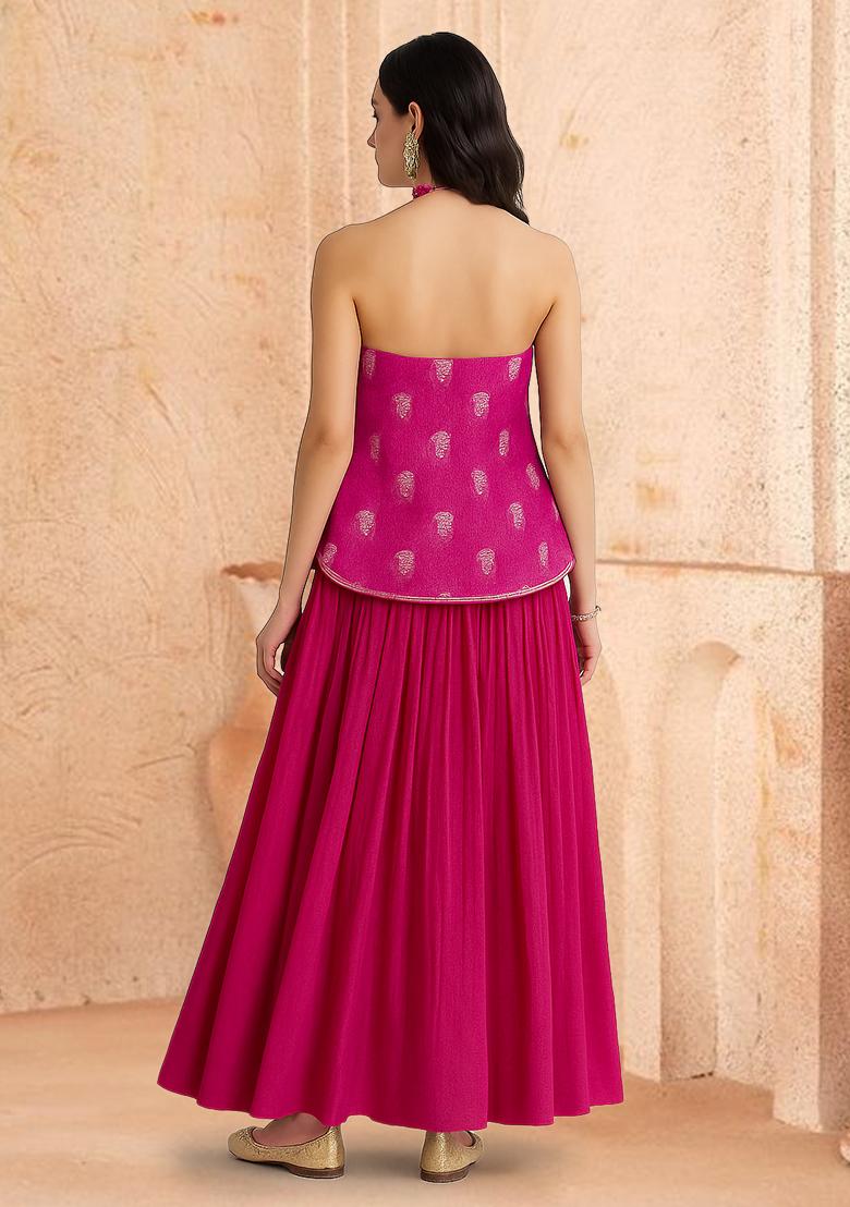 Pink Zari Embroidered Chanderi Lehenga Set - Indya
