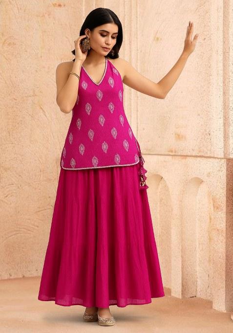 Pink Zari Embroidered Chanderi Lehenga Set