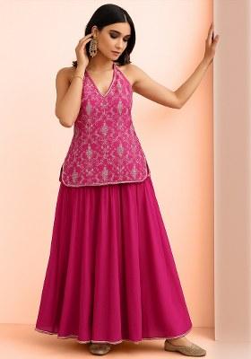 Pink Zari Embroidered Chanderi Lehenga Set