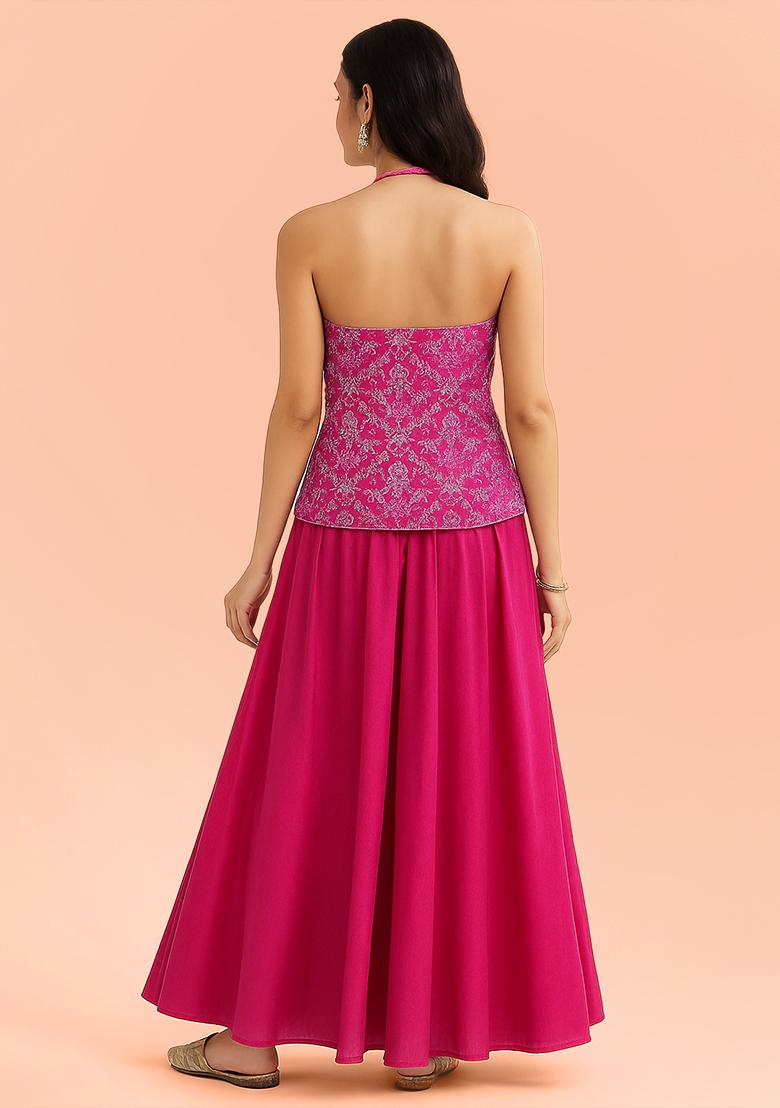 Pink Zari Embroidered Chanderi Lehenga Set - Indya