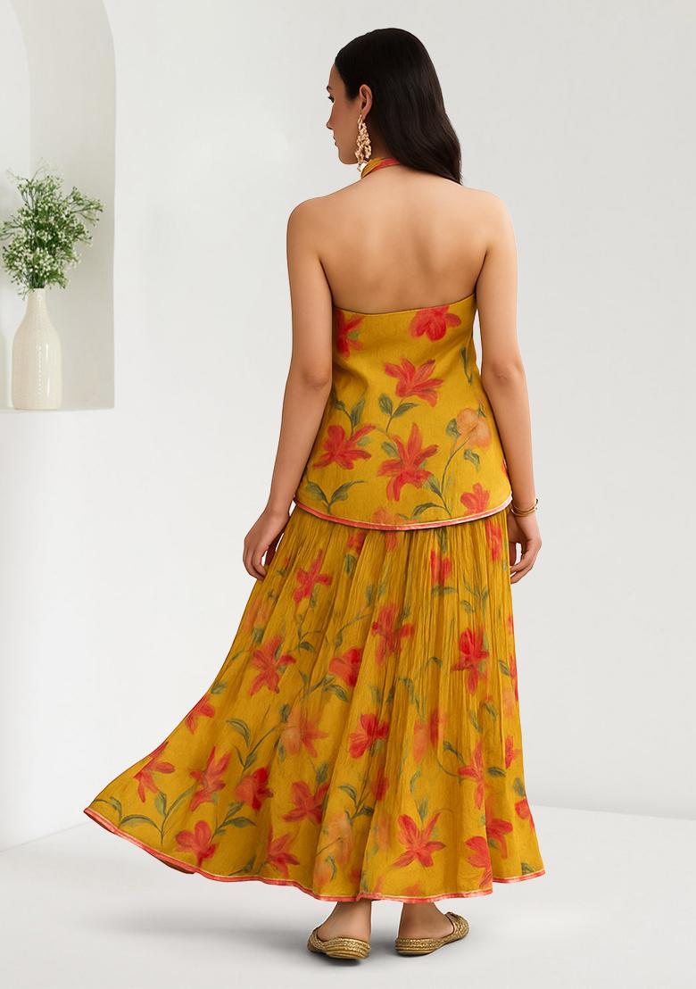 Yellow Printed Chanderi Lehenga Set - Indya