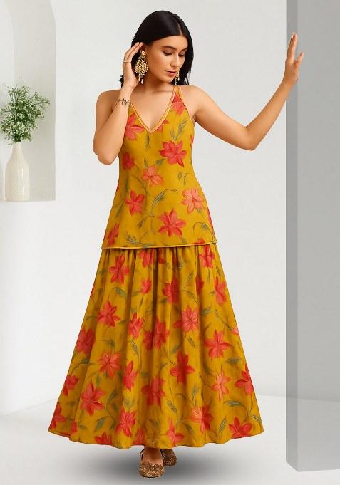 Yellow Printed Chanderi Lehenga Set