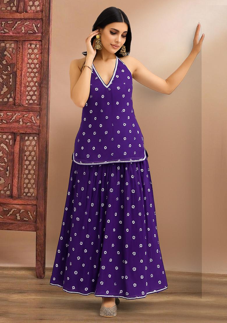 Purple Printed Chanderi Lehenga Set