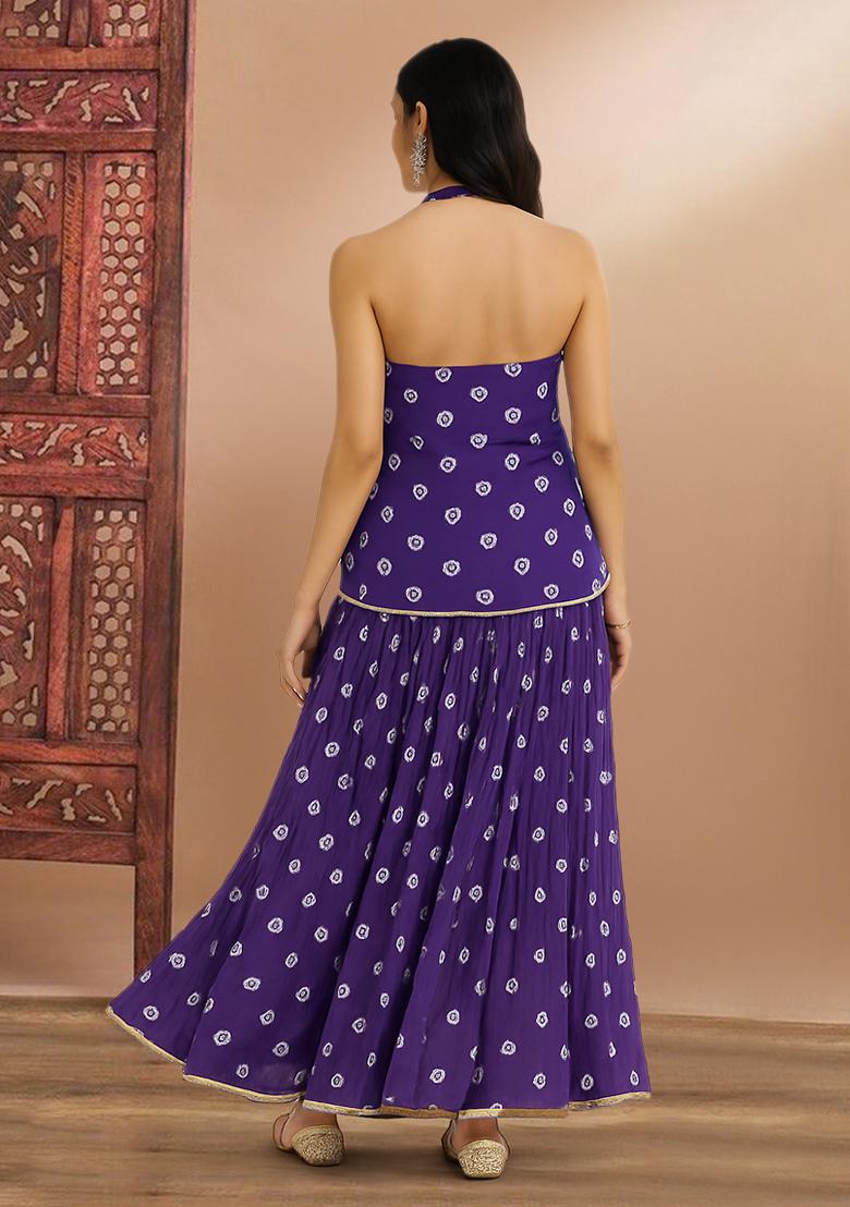 Purple Printed Chanderi Lehenga Set - Indya