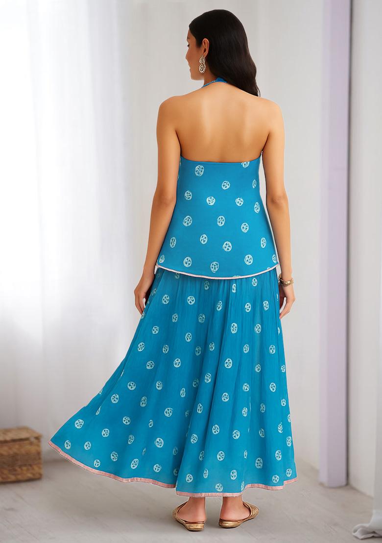 Sky Blue Printed Chanderi Lehenga Set - Indya