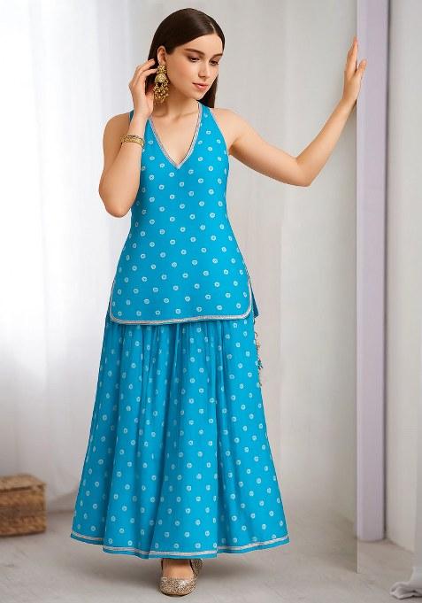 Sky Blue Printed Chanderi Lehenga Set