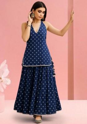 Blue Printed Chanderi Lehenga Set