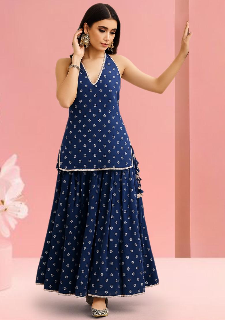 Blue Printed Chanderi Lehenga Set