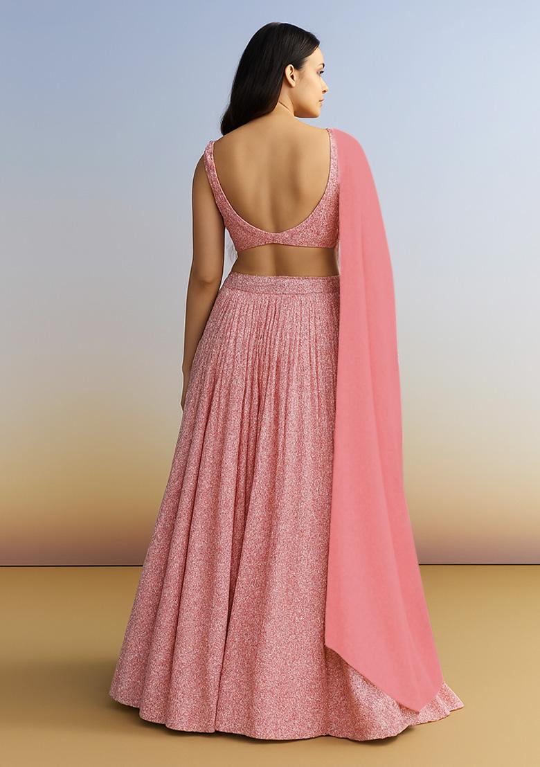 Pastel Pink Sequin Georgette Lehenga Set - Indya