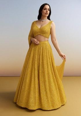 Yellow Sequin Georgette Lehenga Set