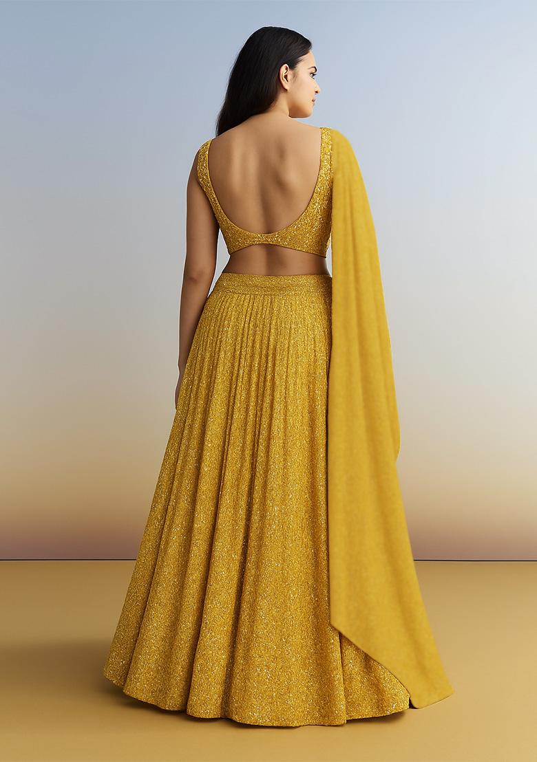 Yellow Sequin Georgette Lehenga Set - Indya