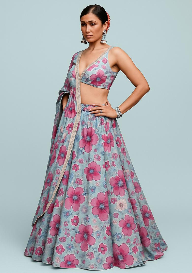 Blue Printed Chiffon Lehenga Set
