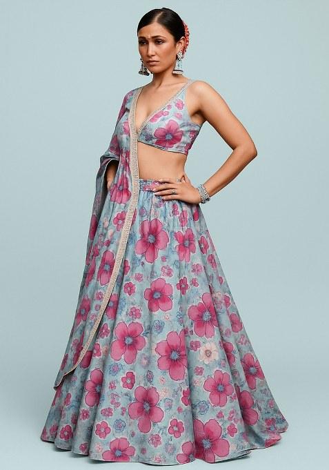 Blue Printed Chiffon Lehenga Set