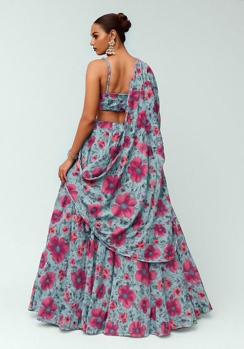 Blue Printed Chiffon Lehenga Set