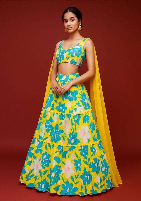 Multicolor Printed Satin Lehenga Set