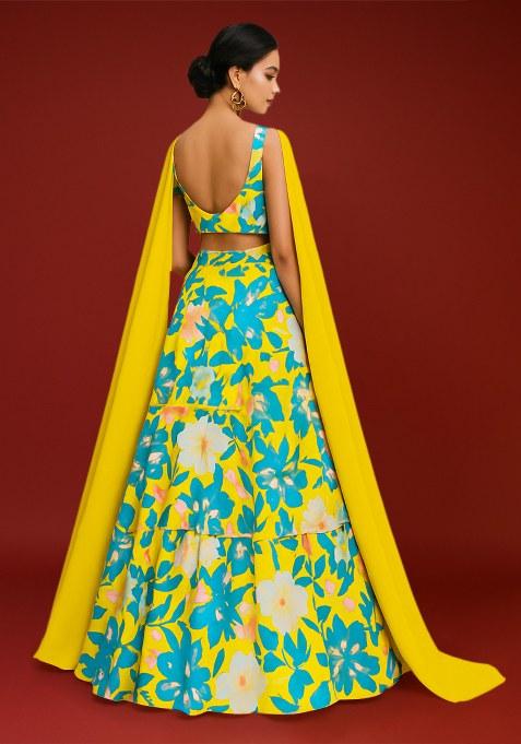 Multicolor Printed Satin Lehenga Set