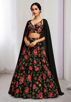 Black Printed Satin Lehenga Set