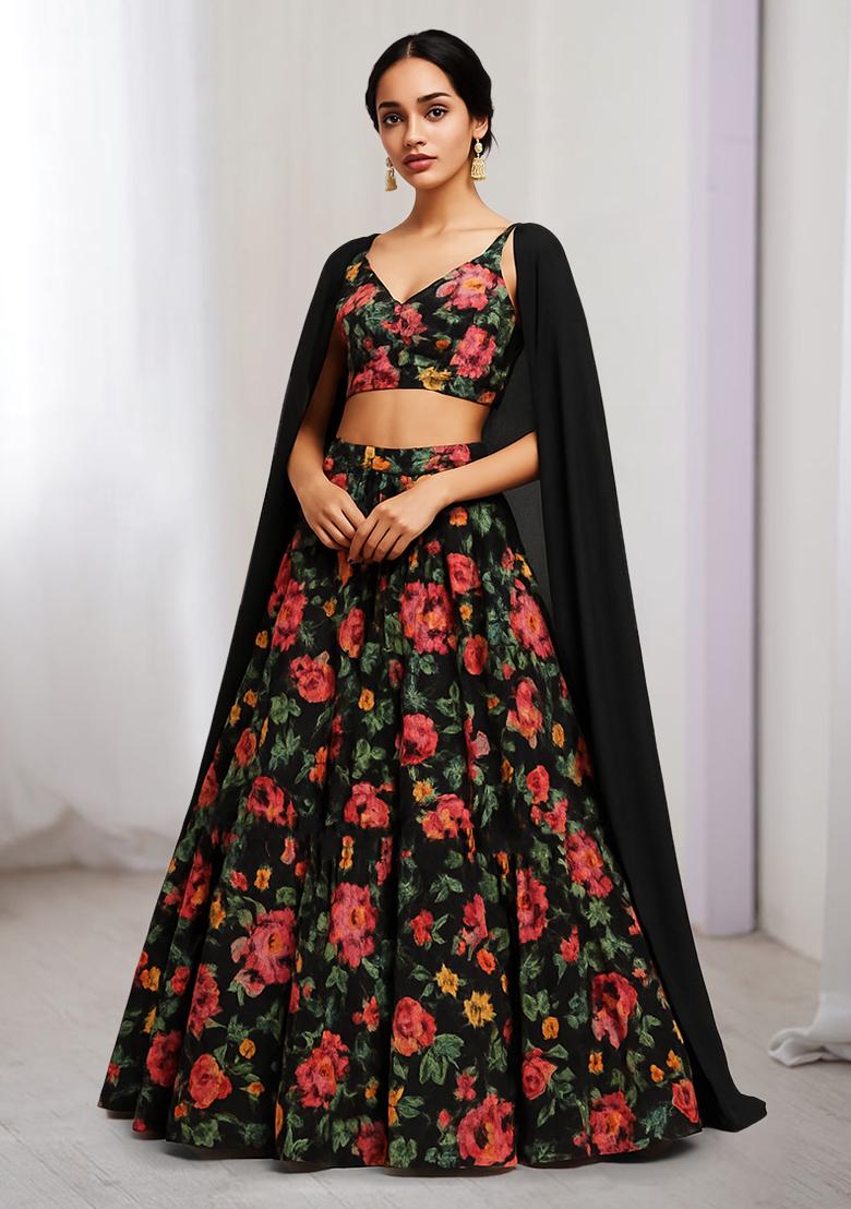 Black Printed Satin Lehenga Set