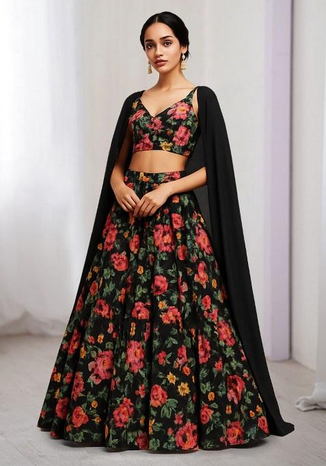 Black Printed Satin Lehenga Set