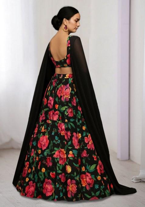 Black Printed Satin Lehenga Set