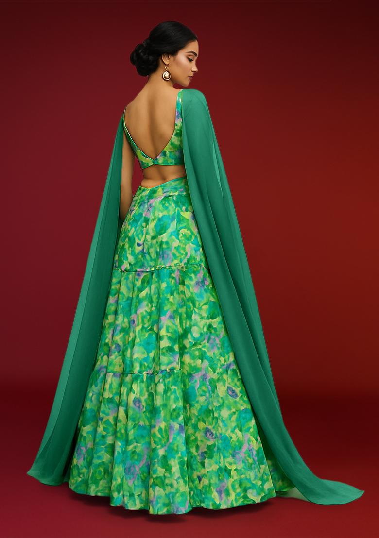 Green Printed Georgette Lehenga Set - Indya
