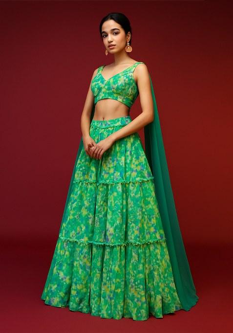 Green Printed Georgette Lehenga Set